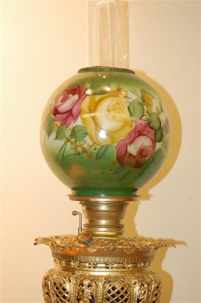 BRADLEY & HUBBARD BANQUET LAMP W/ HAND PAINTED SHA - 2
