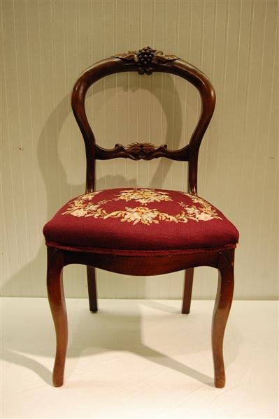 GRAPE CARVED VICTORIAN CHAIR W/ NEEDLEPOINT SEAT