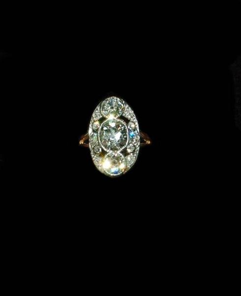 ANTIQUE PLATINUM,, 14K YELLOW GOLD & DIAMOND RING