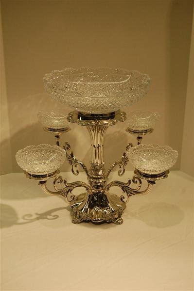 SHEFFIELD S/P EPERGNE W/ ENGLISH CUT CRYSTAL BOWLS