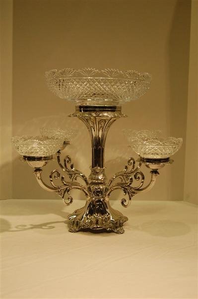 SHEFFIELD S/P EPERGNE W/ ENGLISH CUT CRYSTAL BOWLS - 2