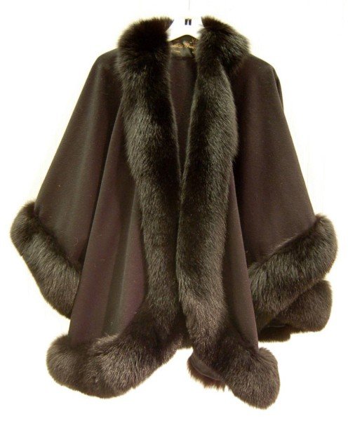 BLACK CAMSMERE - WOOL CAPE W/ BLACK DIED FOX TRIM 