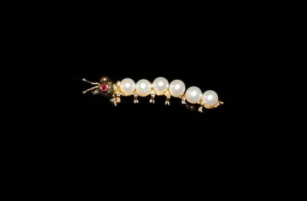 14K YELLOW GOLD AND PEARL PIN - CATTERPILLAR WITH