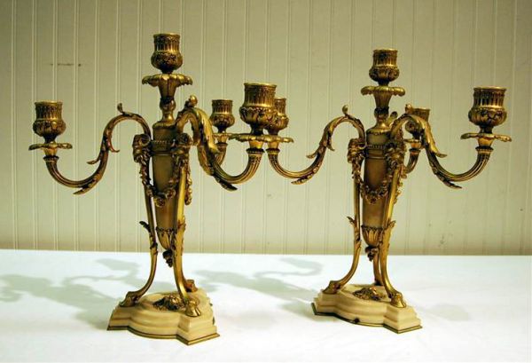 PAIR OF ORMALU & ALABASTER 4-LIGHT CANDELABRA