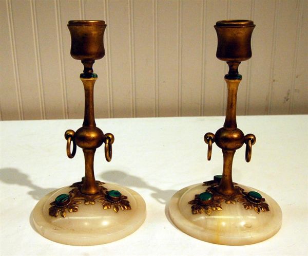 PAIR OF RUSSIAN BRASS & MALICITE CANDLESTICKS