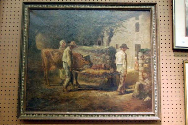 FRAMED OIL ON CANVAS - FARM SCENE W/ NEWBORN CALF