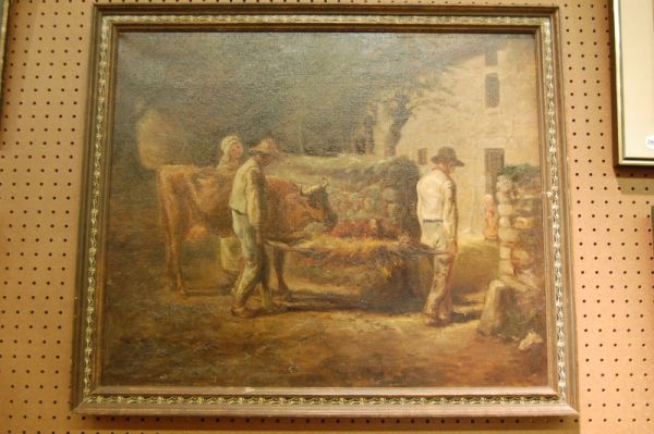 FRAMED OIL ON CANVAS - FARM SCENE W/ NEWBORN CALF - 2