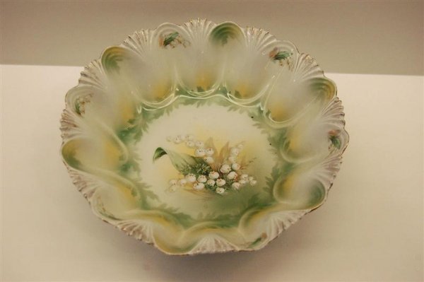 Luster "Lilly of the Valley" R.S. Prussia Bowl: Luster R.S. Prussia Bowl, "Lilly of the Valley" decoration - 10" dia, 3 1/2" tall, 3" age line, red mark