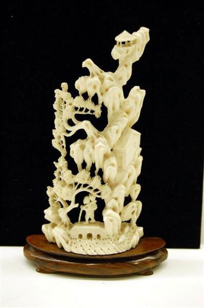 Chinese Ivory Carving, Mountain Village Scene : Chinese Ivory Carving, Mountain Village Scene on Wood base - carving 7" tall, 3 1/2" across