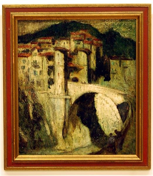 Jerry Farnsworth, American, 1895-1983, Framed Acrylic o: Jerry Farnsworth, American, 1895-1983, Framed Acrylic on Artist Board, label under plastic "The Bridge, by Jerry Farnsworth, N. Truro, Mass." - 15 3/4" x 13 3/4" w