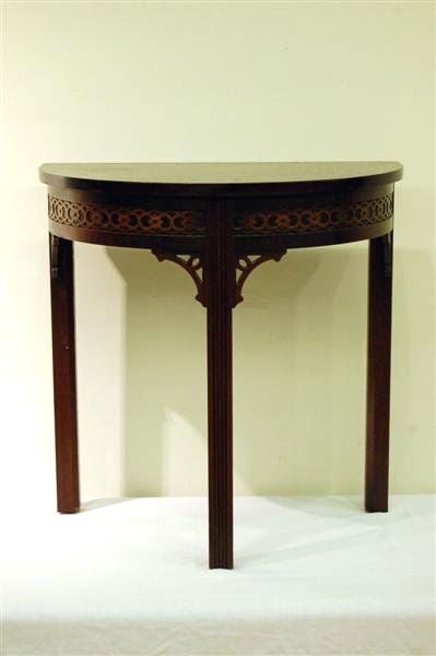 Kittinger Mahogany Demilune Stand: Kittinger Mahogany Demilune Stand, Chinese Chippendale Style - 20"h, 20"w