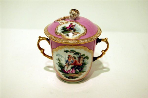 German China Covered Cup with Augustus Rex mark, late 1: German China Covered Cup with Augustus Rex mark, late 19th century, One (1) handle repaired - 4 1/2" t