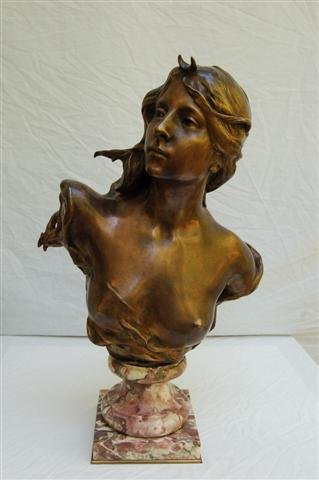 Bronze Bust of Female, "Diana", with marble base on com: Bronze Bust of Female, "Diana", with marble base on composition pedestal - 24" tall