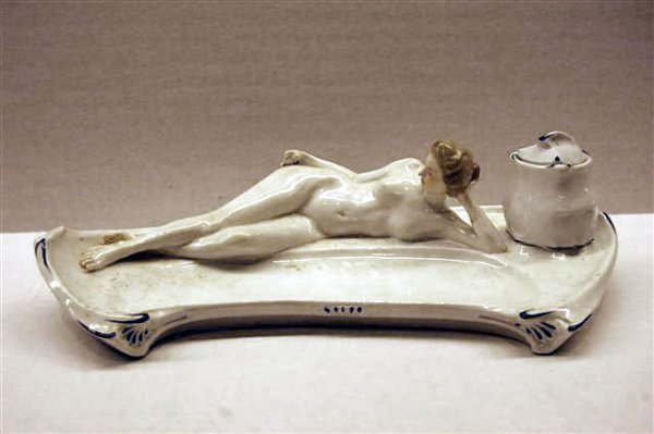 Meissen Art Deco Porcelain Ink Stand w/ Reclining : Meissen Art Deco Porcelain Ink Stand with Reclining Nude - Blue Cross Swords Mark, a second - J180 - 14" long, 4" tall