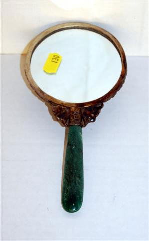 Chinese Hand Mirror with Embossed Silver and Jeweled ba: Chinese Hand Mirror with Embossed Silver and Jeweled back with Jade Handle - 7" x 3 1/2" diameter