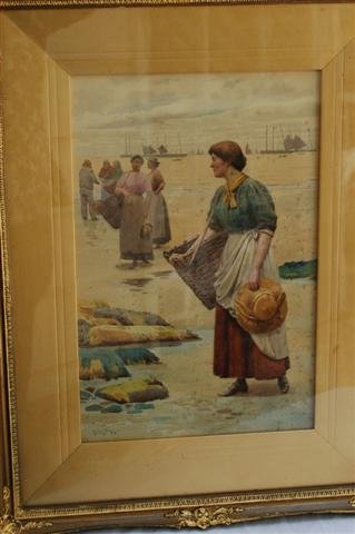 Ralph Todd Watercolor - Figures on Beach - badly foxed : Ralph Todd Watercolor - Figures on Beach - badly foxed - 15" x 9 1/2"