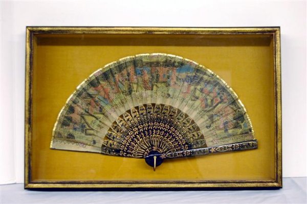 Hand Decorated Oriental Fan in Shadow Box Framed - Fram: Hand Decorated Oriental Fan in Shadow Box Framed - Frame is 21" T x 12" Dia