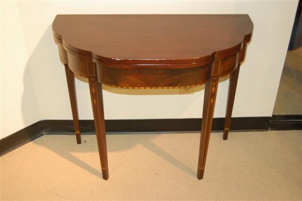 Mahogany Hepplewhite Style Flip Top Game Table w/ BellF: Mahogany Hepplewhite Style Flip Top Game Table w/ BellFlower Inlay - 30" T x 36" W x 18" Deep