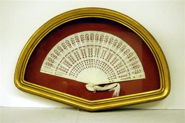 Carved Ivory Fan in a Gilt Shadow Box Frame - frame is : Carved Ivory Fan in a Gilt Shadow Box Frame - frame is 11 1/2" x 17"