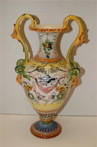 Italian Faience Urn with Serpent Handles - hand dec: Italian Faience Urn with Serpent Handles - Hand Decorated with dolphins & flowers - 11 1/2" tall