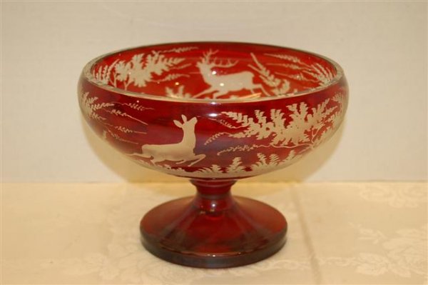 Ruby Cut to Clear Bohemian Pedestal Fruit Bowl - La