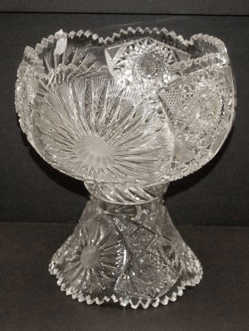 American Brilliant Period Cut Glass Punch Bowl: American Brilliant Period Cut Glass Punch Bowl - 2 parts - with unusual Sunburst & deep cut hobstars - 12" tall x 9 1/4" dia