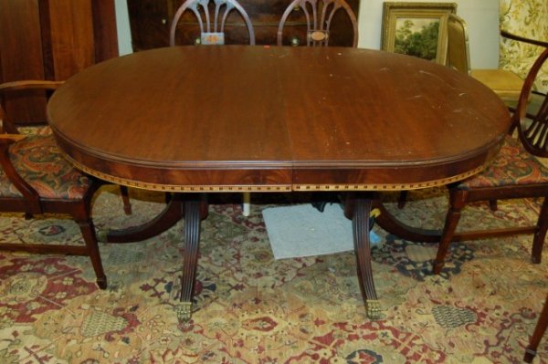 Oval Mahogany Regency Style Dining Table : Oval Mahogany Regency Style Dining Table w/ Inlaid Skirt & Brass Claw Feet - Five (5) leaves - 30" x 65 1/2" x 43 1/2'