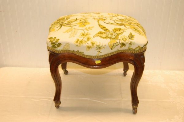 Walnut Victorian Footstool with Floral Upholstery: Walnut Victorian Footstool with Floral Upholstered Top - 13 1/2" T x 17"