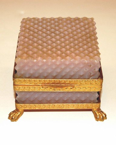 Opaline Diamond Point Dresser Box: Opaline Diamond Point Dresser Box with Leaf Motif Gilt Metal Trim & Claw Feet - 2" Tall - 2 5/8" dia