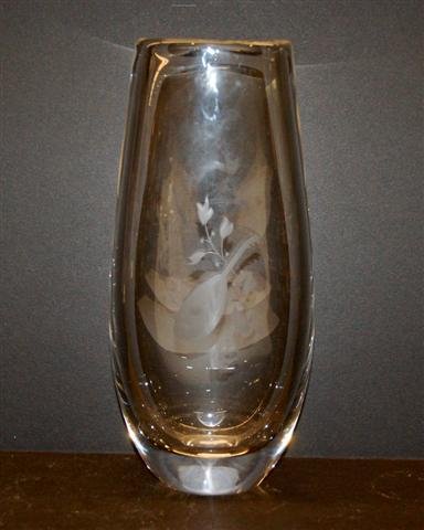 Orrefors Crystal Vase with etched Mandolin & Leaf : Orrefors Crystal Vase with etched Mandolin & Leaf design - P3840NA - 9 1/4" tall