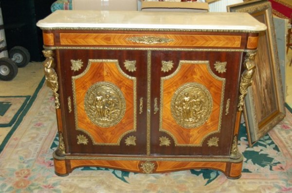 French Regency Style Credenza : French Regency Style Credenza - inlaid w/ bronze busts & plaques - marble as is - 39 1/2" T x 48" W x 17" D