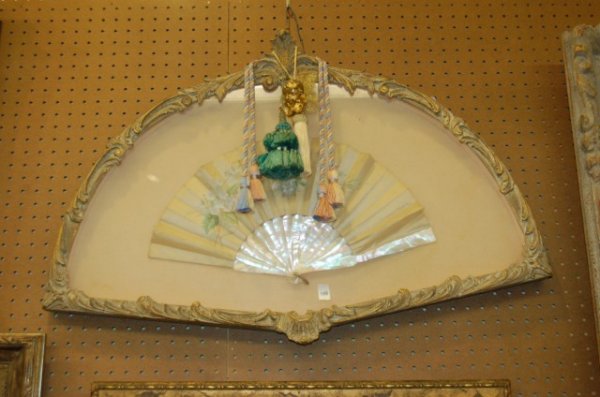 Silk & Mother of Pearl Fan in Shadow Box Frame: Hand Decorated Silk & Mother of Pearl Fan in Shadow Box Frame - 2' T x 3' W
