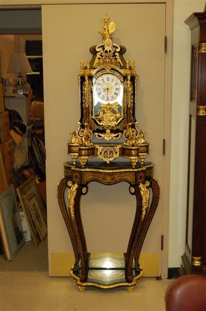 Italian Louis XV style Boulle Clock: Italian Louis XV style Boulle Clock with Dore Mounts & Matching Console Table - 81" x 27 1/2" x 13"