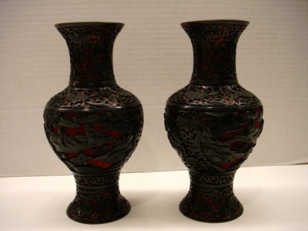 Pair of Cinnabar Vases - Village Scene: Pair of Cinnabar Vases - Village Scene - 9"