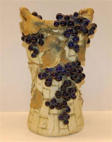 Basket w/ Applied Flowers & Grapes: Amphora Pottery Vase - Decorated w/ Grapes & Flowers - double handled - 18" T