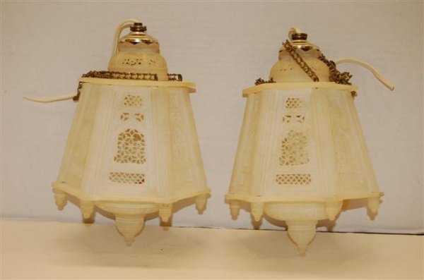Pair of Chinese White Alabaster Lanterns: Pair of Chinese White Alabaster Lanterns w/ pierced design - early 20th Century - 8 7/8" T
