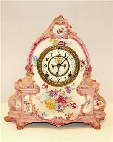 Ansonia Clock in Royal Bonn China Case: Ansonia Clock in Royal Bonn China Case - 14" tall, 13 1/2" wide, 5" deep