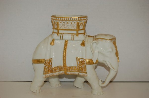 Royal Worcester Porcelain Elephant Vase: Royal Worcester Porcelain Elephant Vase - chip to both trunks, one is very slight - 8" tall, 9" long