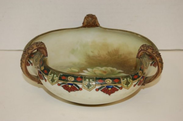 Shaped Nippon 3 Handled Bowl - Water Lilies: Hand painted Nippon Shaped 3 Handled Bowl - Water Lilies - 8" across