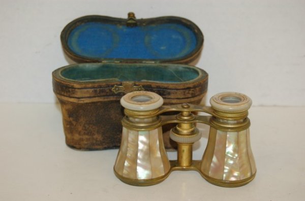 Pair of French Mother of Pearl Opera Glasses: Pair of French Mother of Pearl Opera Glasses with Leather Case "Le Pert" Paris