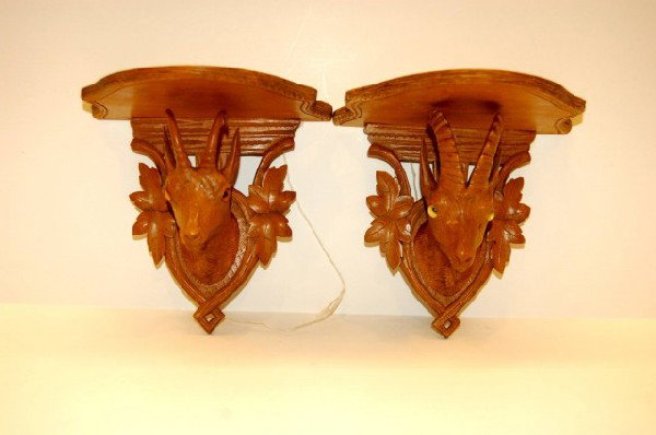 Pr Carved Black Forest Gazzelle Motif Wall Brackets: Pair of Carved Wooden Black Forest Gazzelle Motif Wall Brackets w/ glass eyes