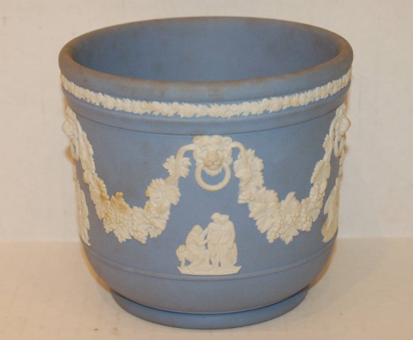 Wedgewood Blue Jasperware Caster Pot: Wedgewood Blue Jasperware Caster Pot w/ applied Classical Decoration - 4 1/2" T x 4 3/4" Dia.