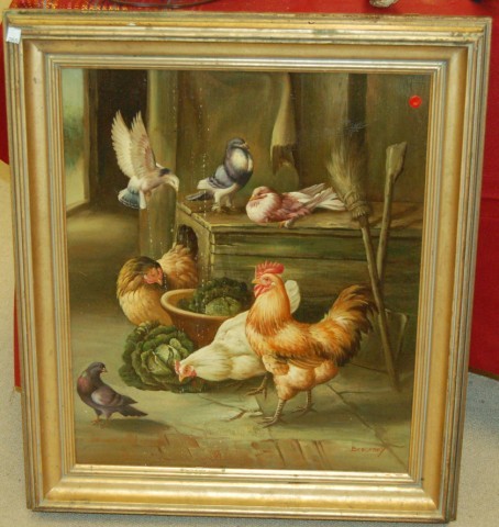 Oil on Canvas - Barn Scene w/ Roosters & Pigeons: Oil on Canvas - Barn Scene w/ Roosters & Pigeons - signed Borofsky - 24" x 20