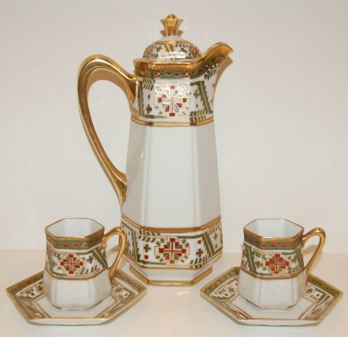 Nippon Chocolate Pot w/ Two Cups & Saucers: Hand Painted Nippon Chocolate Pot w/ Two (2) Cups & Saucers - 11" T