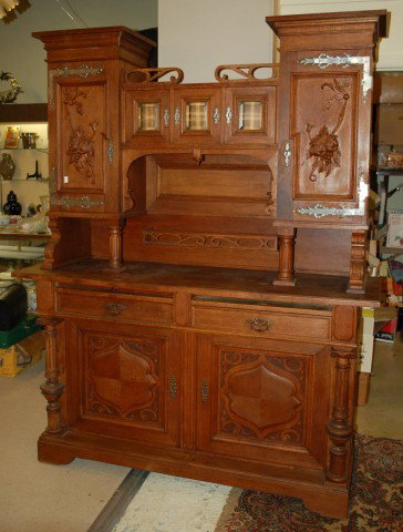 English Oak Two Piece Wall Cabinet : English Oak Two Piece Wall Cabinet with Two (2) fruit carved doors & Three (3) beveled glass doors - 82" tall, 66" wide x 20 1/2" deep