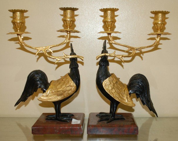 Pair Bronze & Dore Rooster Motif Candleholders: Pair of Bronze & Dore Rooster Motif Candleholder/incense burners on marble bases - 11" tall