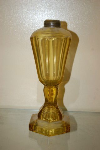 19th Century Vaseline Glass Whale Oil Lamp Base: 19th Century Vaseline Glass Whale Oil Lamp Base - 9 1/2" tall