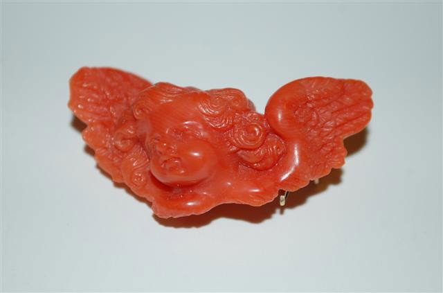 Carved Victorian Red Coral Brooch - Angel: Carved Victorian Red Coral Brooch - Winged Angel - 1 5/8" across wings