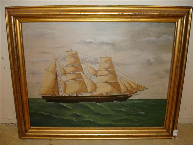 19th Century English Oil on Artist Board: 19th Century English Oil on Artist Board - Sailing Ship - in gilt frame - image size: 18 1/2" T x 24" W