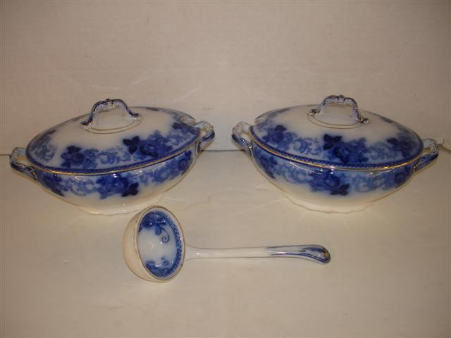 Pair 19th Century English Flow Blue Sauce Dishes: Pair of 19th Century English Flow Blue Sauce Dishes - One w/ ladle - Luciville pattern, by Alfred Meakin